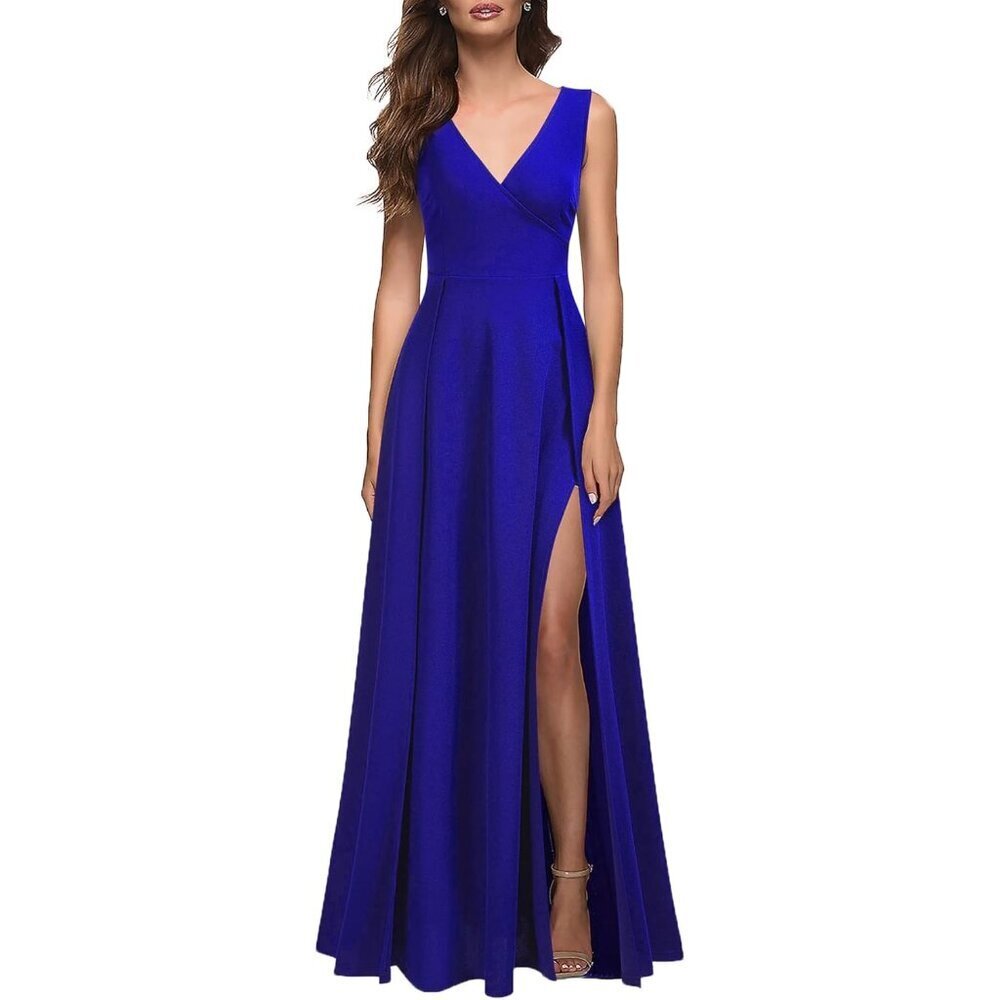 Women's Royal Blue Polyester V Neck Sleeveless Split Formal Cocktail Long Dress